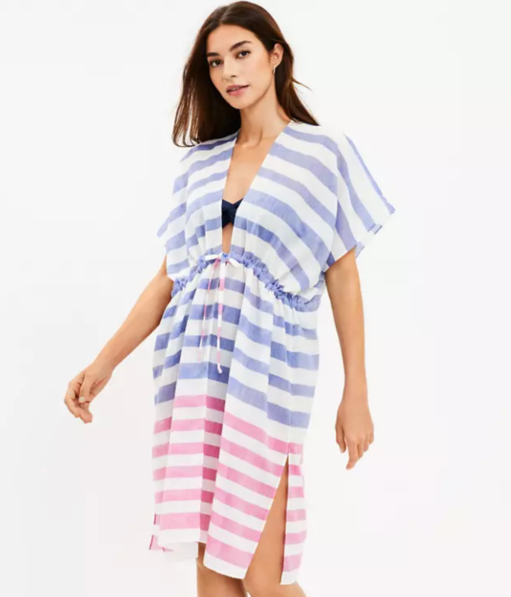 LOFT Beach Striped Drawstring Swimsuit Cover Up XS/S Blue Pink Vacation Tropical